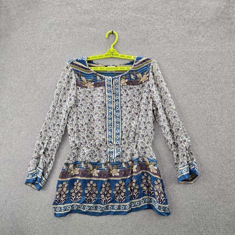 Lucky Brand Women Blouse M Blue Floral Bohemian Savannah Gypsy Peasant